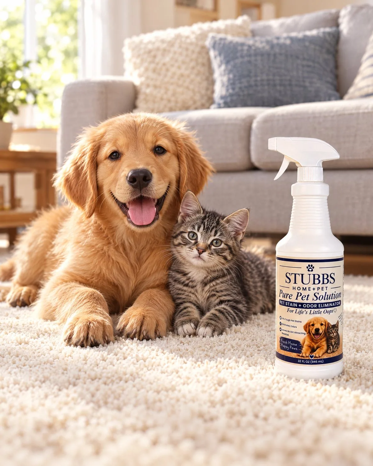 A golden retriever puppy and a tabby kitten on a clean carpet next to a bottle of Stubbs Pure Pet Solution